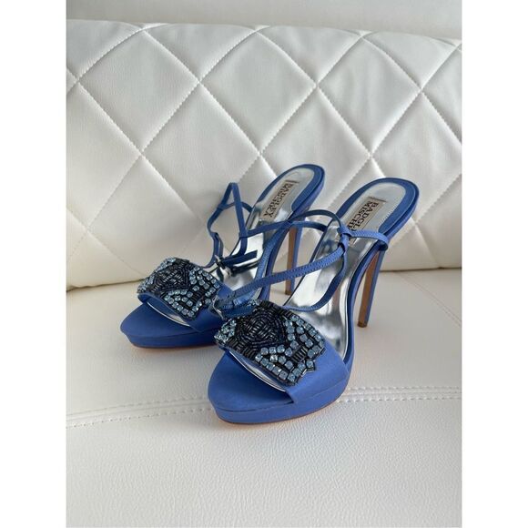 Badgley Mischka blue satin embellished beaded heels, size 7.5 - Picture 3 of 7